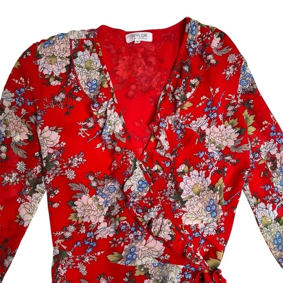 WYLDR Wicked Games Red Floral Long Sleeve Wrap Dress Size Small - Picture 10 of 14